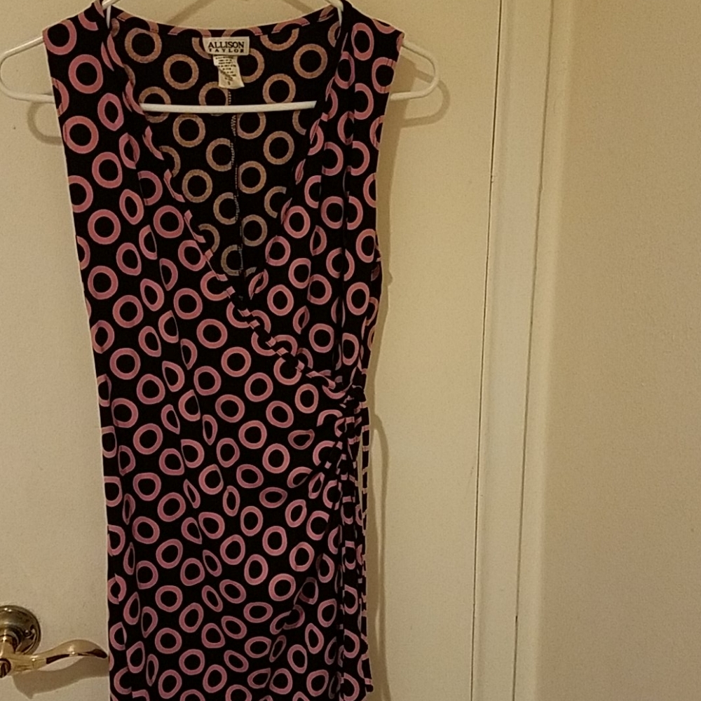 Black Dress with Pink Circles front wrap dress